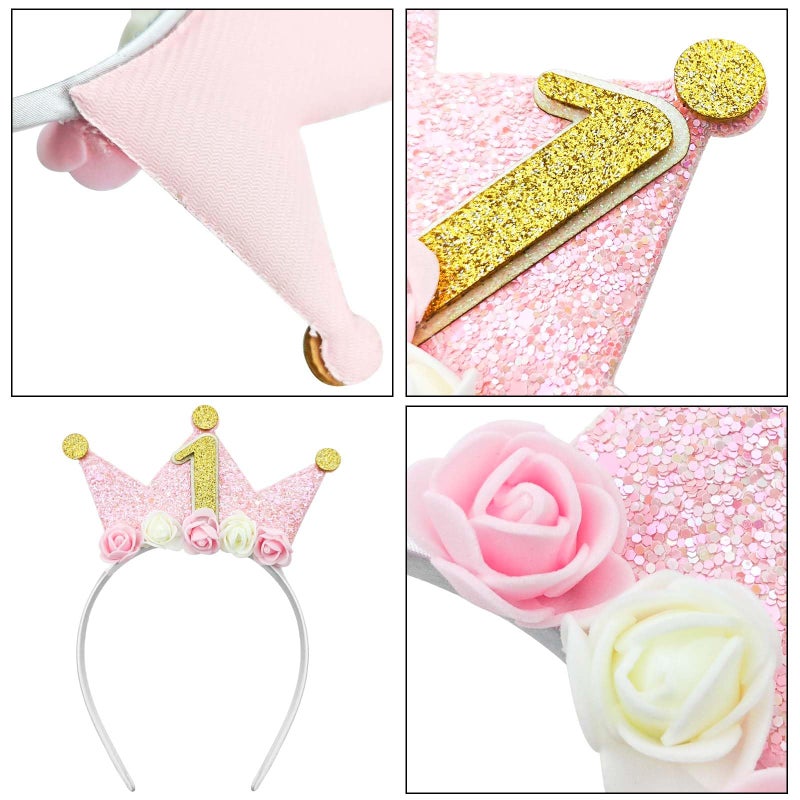 Capiant 1st Birthday Decorations for Women, Birthday Crown Headbands, 1-Year-Old Happy Birthday Decorations Flower Princess Tiara Hair Accessory, Women 1st Birthday Gift Party Decorations Supplies - Image 3